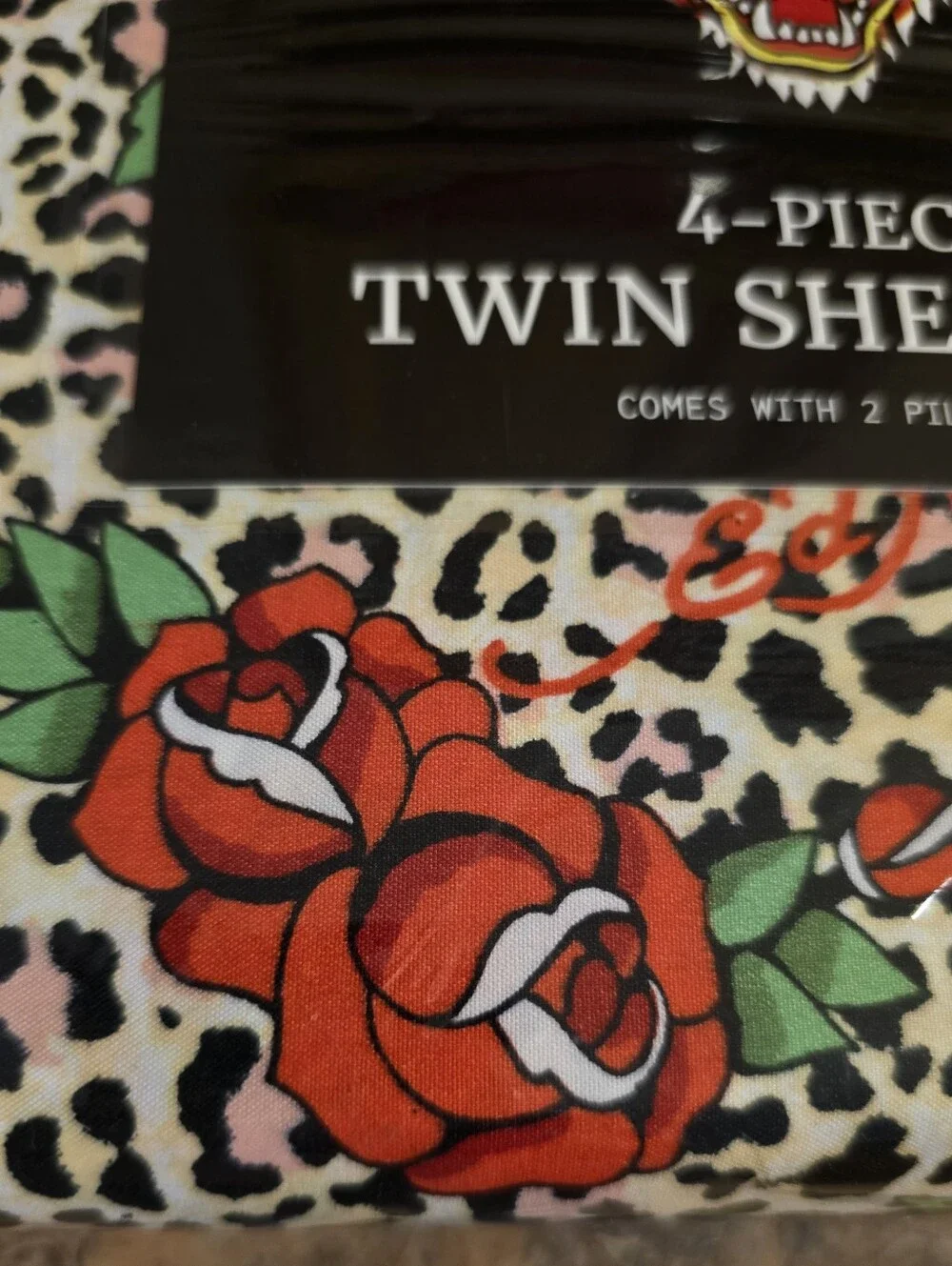🌹 Ed Hardy 6 Piece Leopard Print & Roses Twin Sheet Set. NWT.